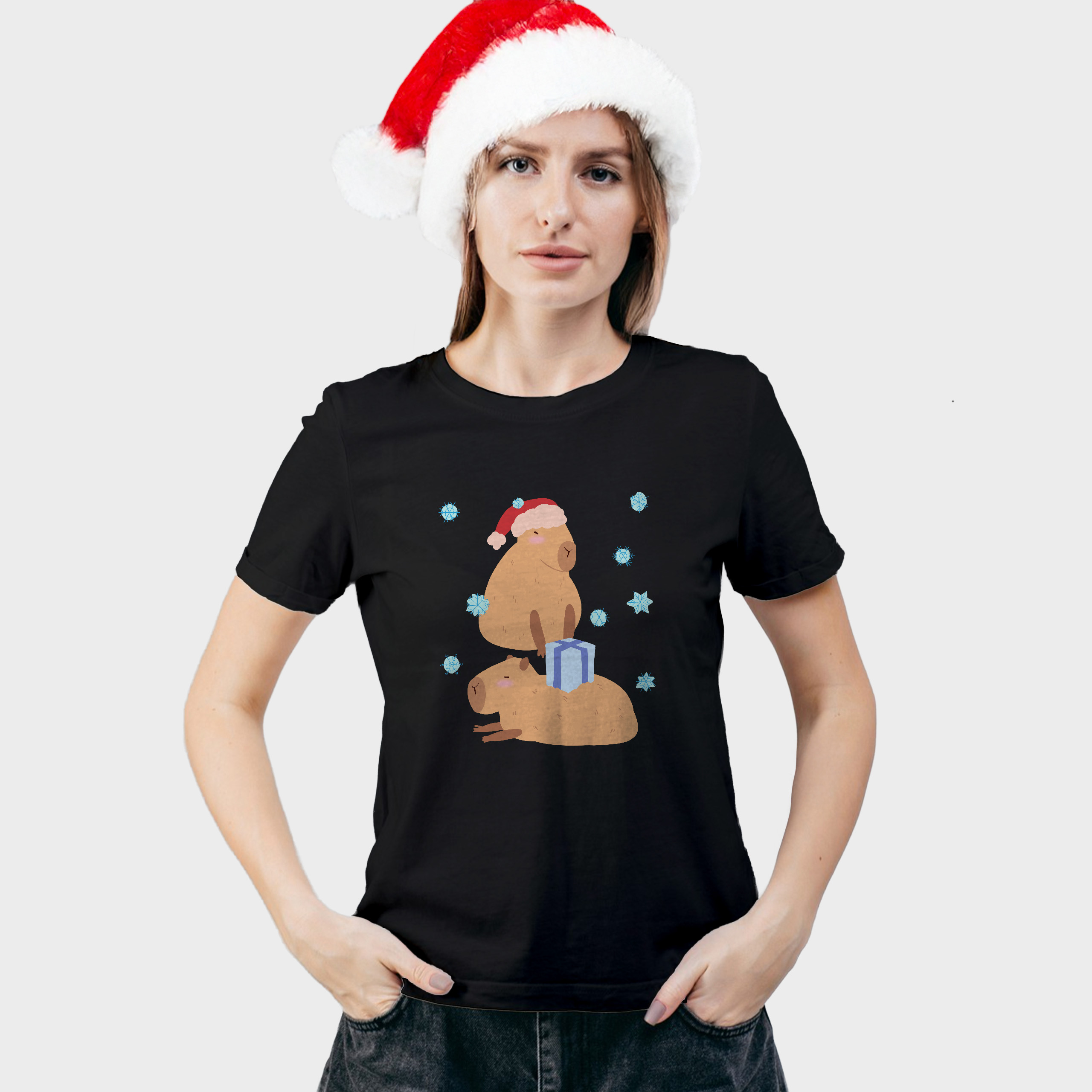 Koszulka damska czarna świąteczna kapibara - obrazek 3