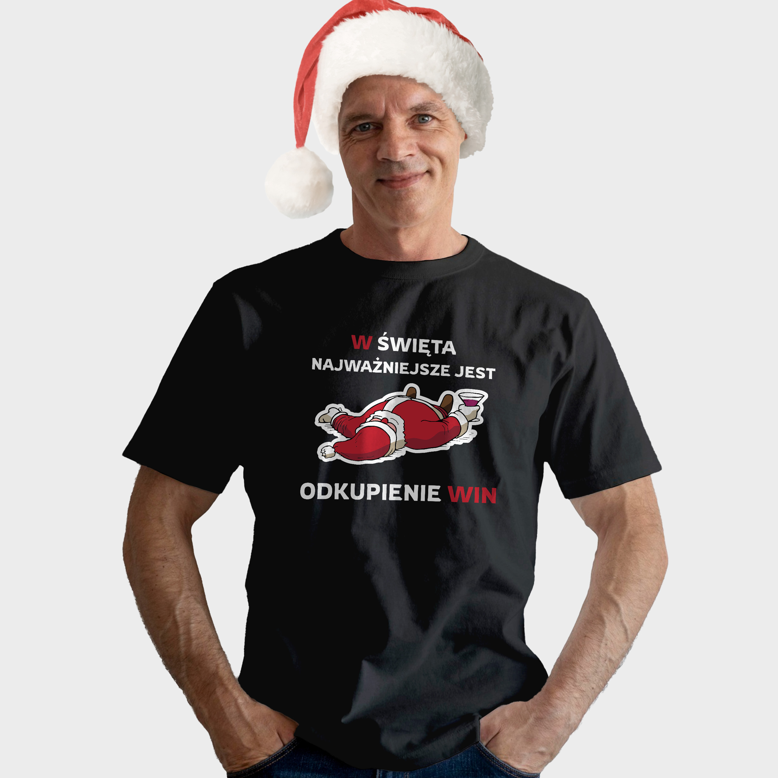 Koszulka męska czarna święta ""W święta najważniejsze jest okupienie win"" - obrazek 3