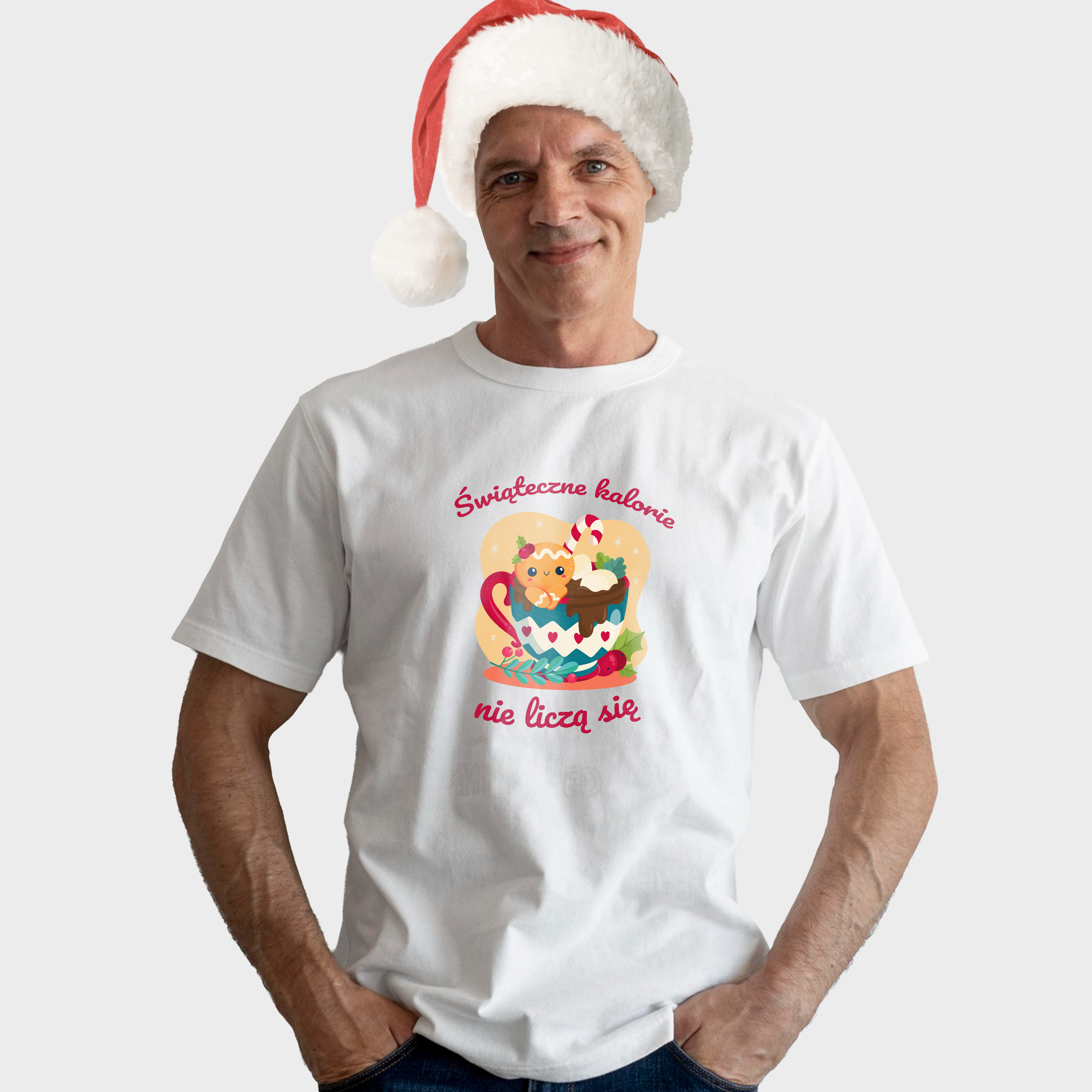 Koszulka męska biała święta Świąteczne kalorie się nie liczą - obrazek 3