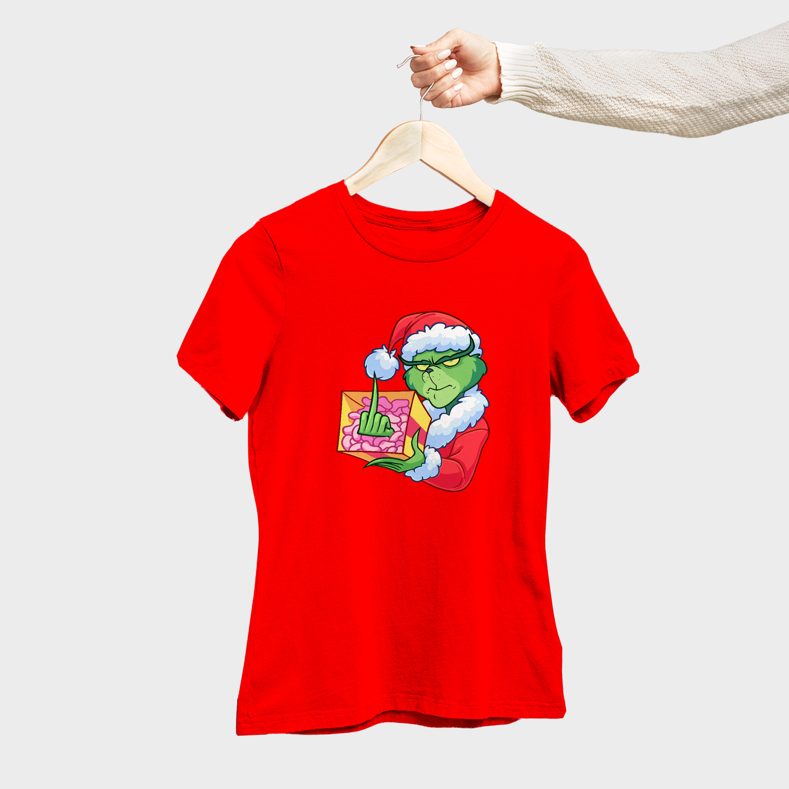 Koszulka damska czerwona święta " Grinch z palcem" - obrazek 4