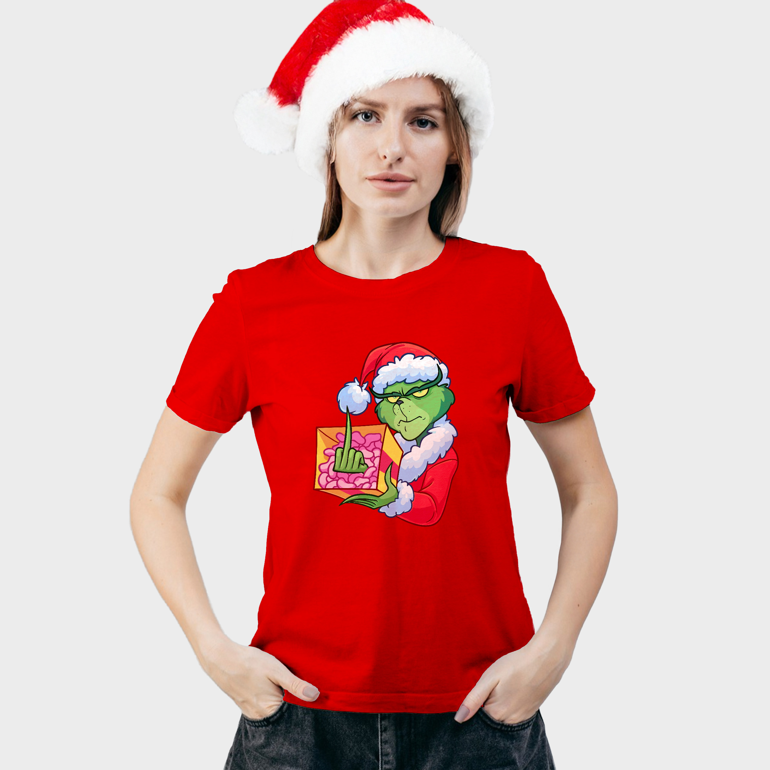 Koszulka damska czerwona święta " Grinch z palcem" - obrazek 3