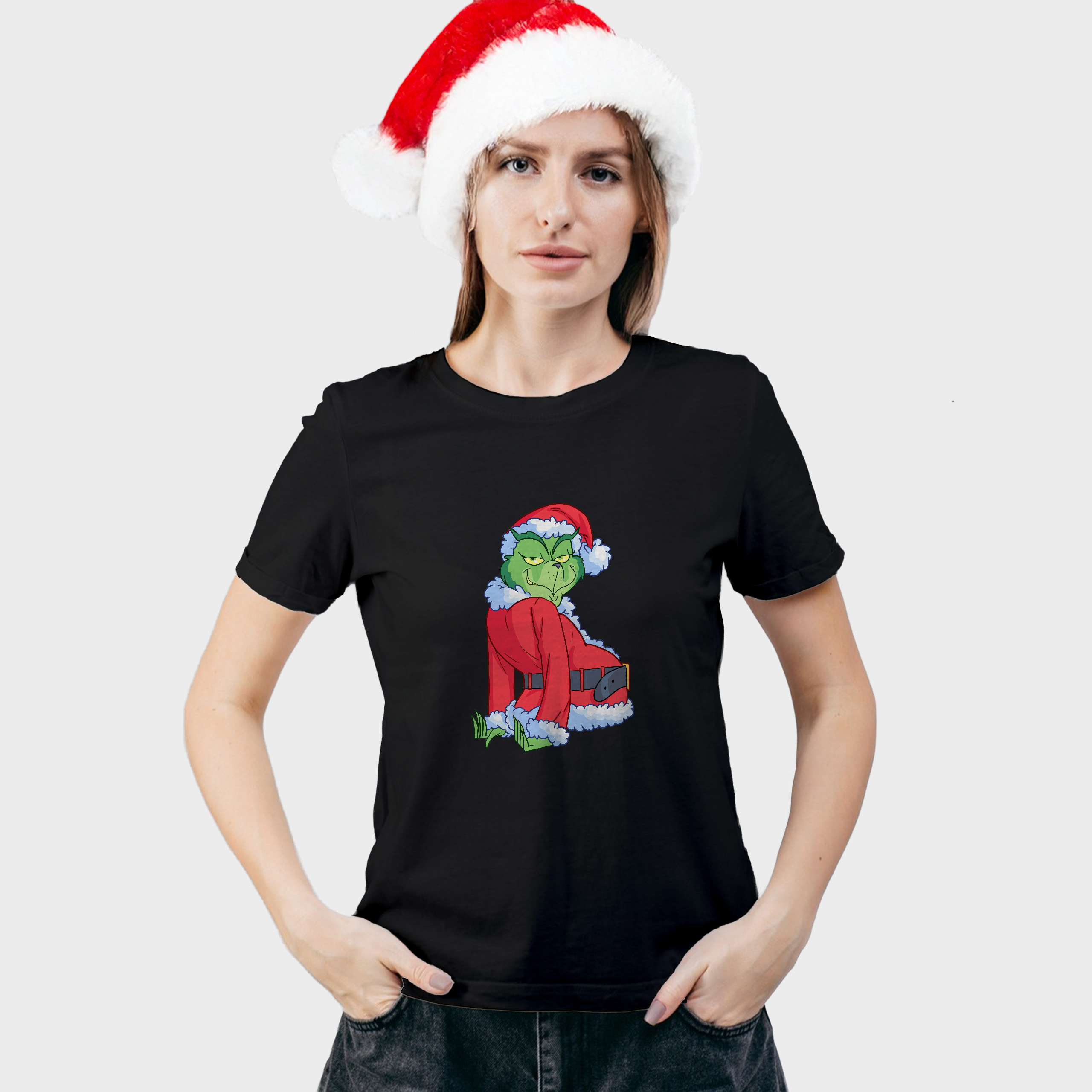 Koszulka damska czarna święta Grinch bokiem - obrazek 3