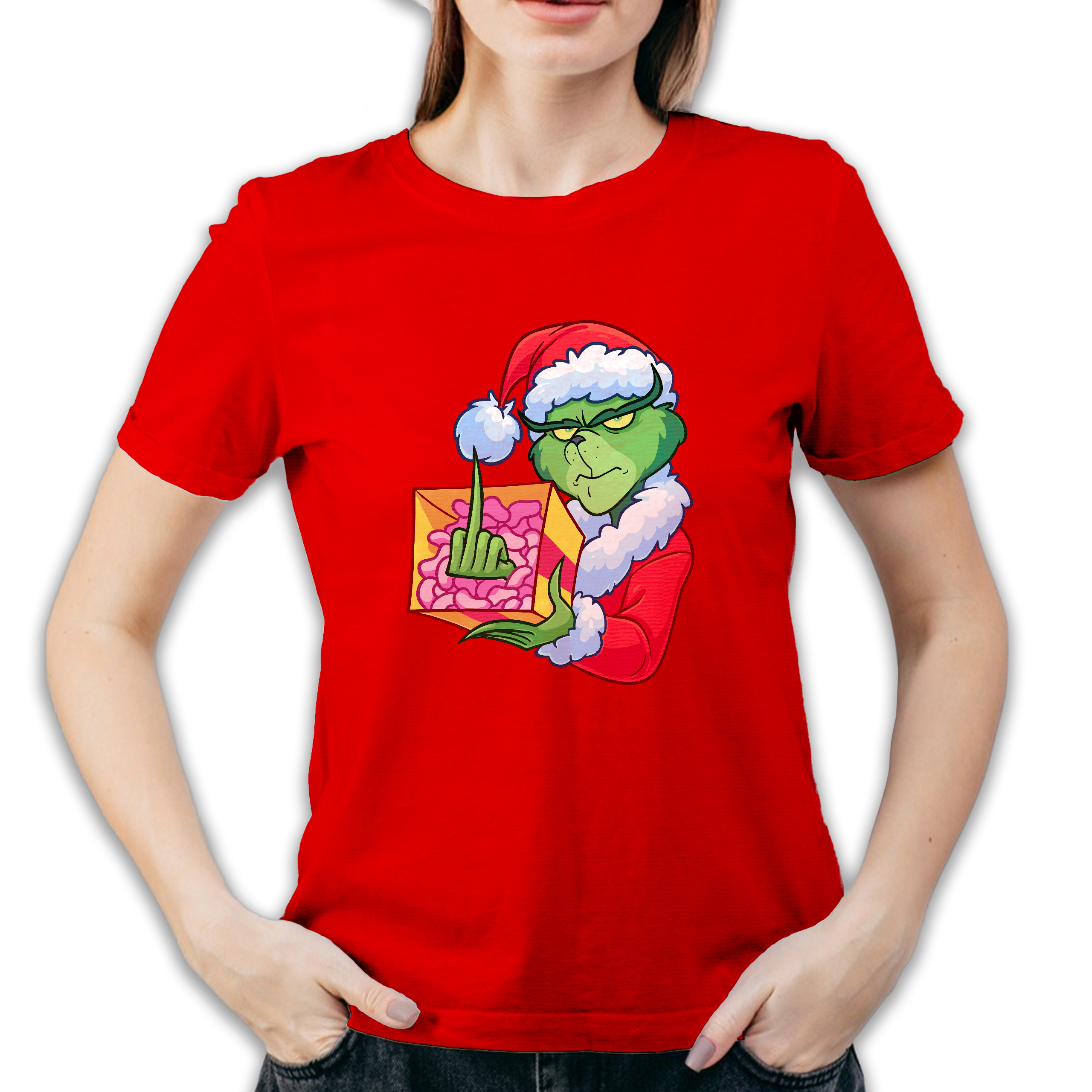 Koszulka damska czerwona święta " Grinch z palcem"