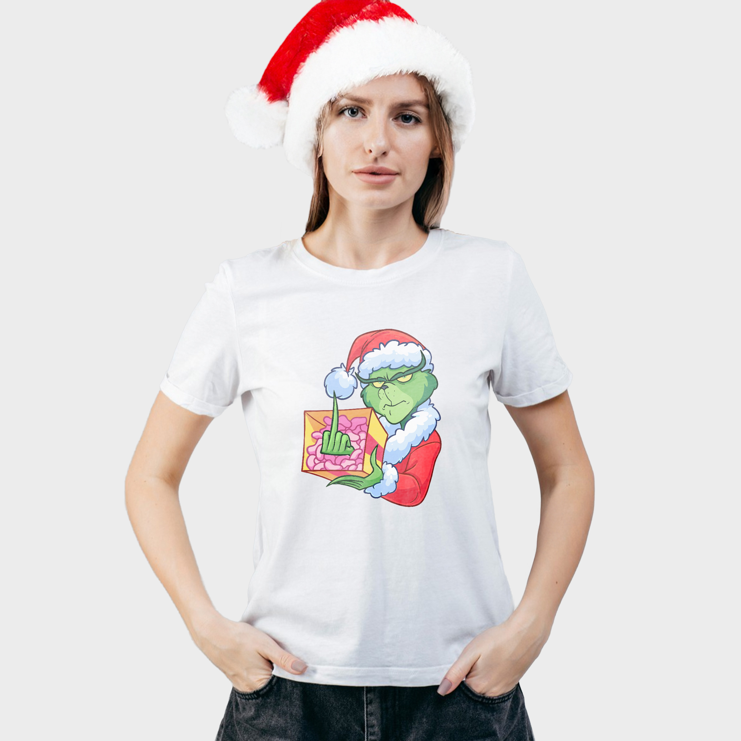 Koszulka damska biała święta Grinch z palcem - obrazek 3