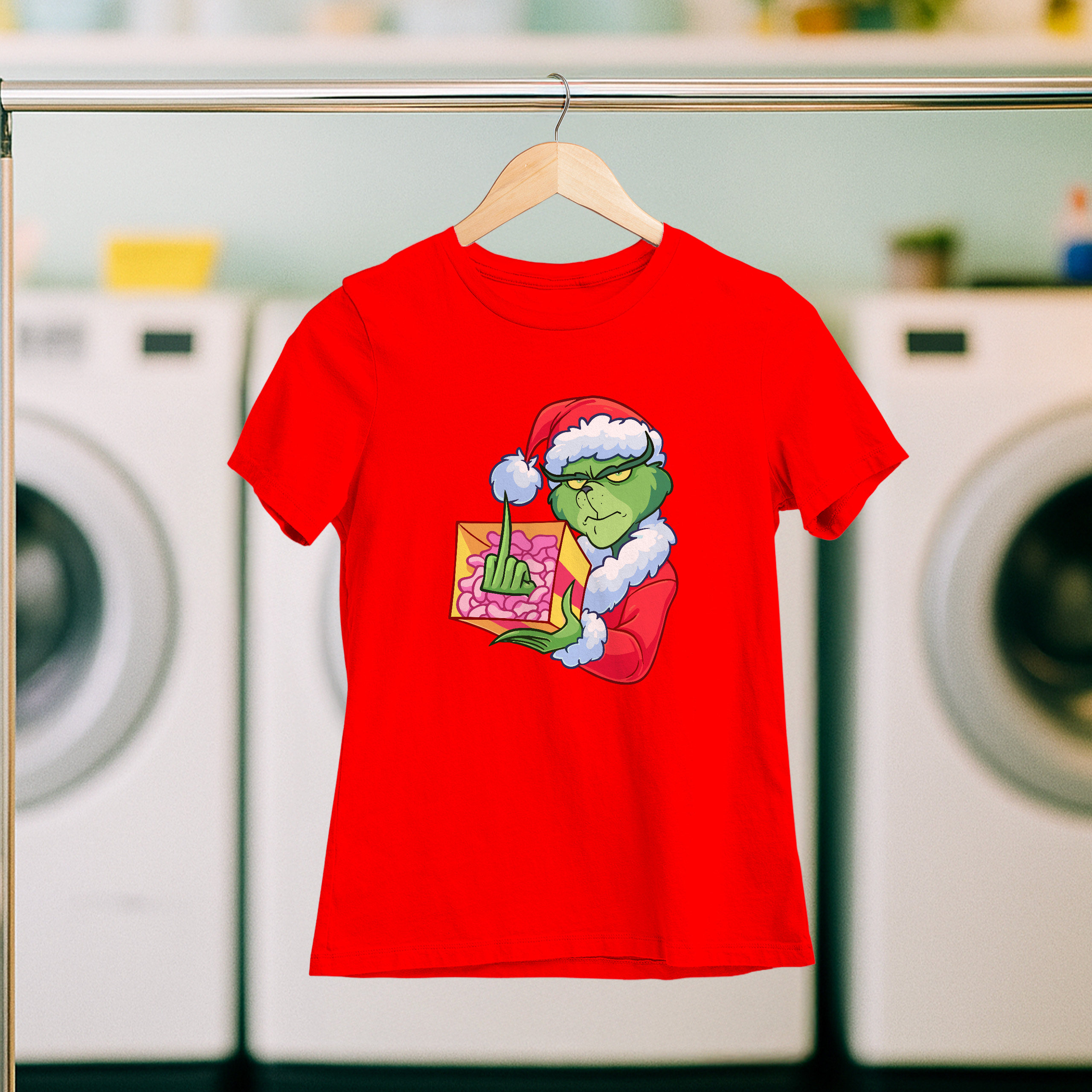 Koszulka damska czerwona święta " Grinch z palcem" - obrazek 5