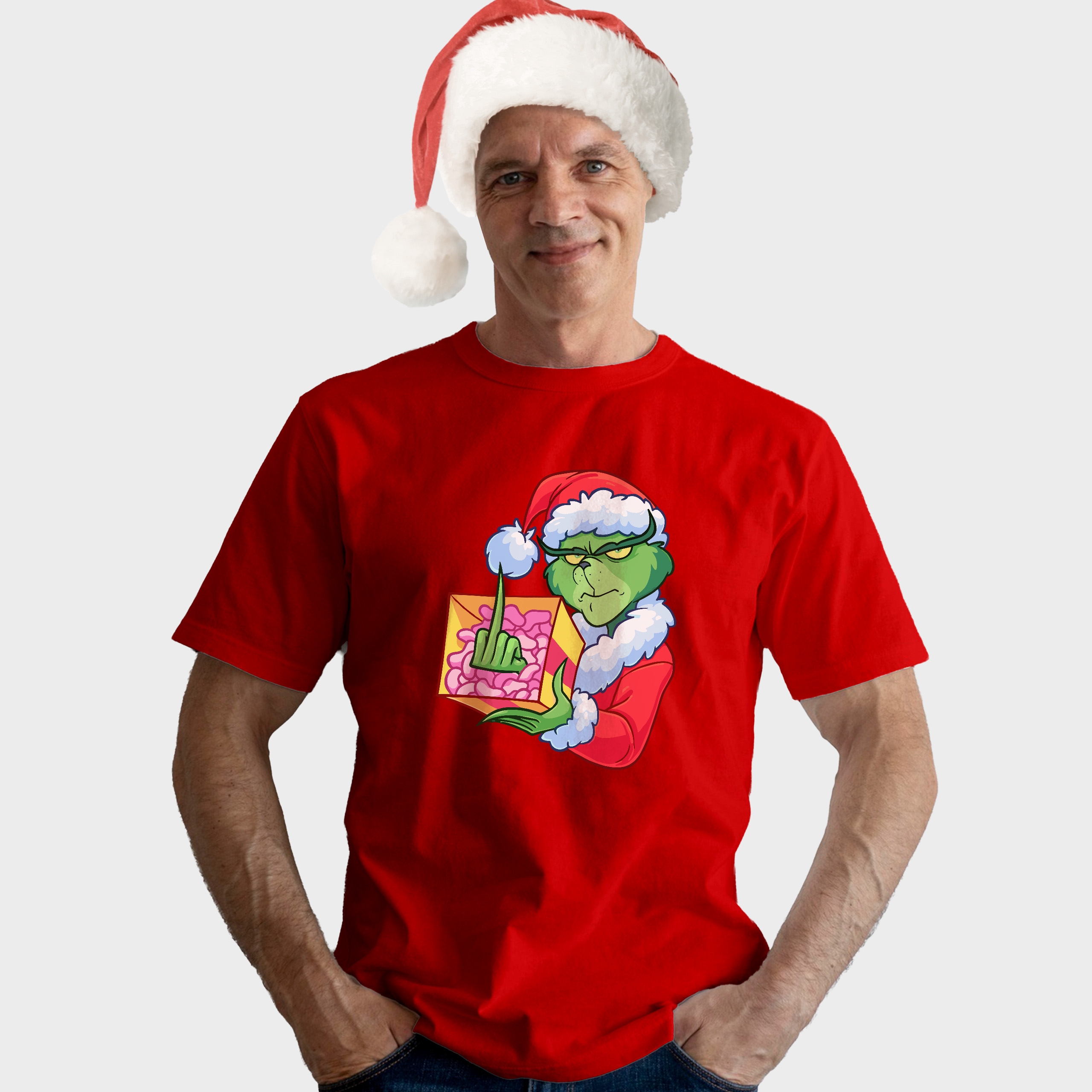 Koszulka męska czerwona święta "" Grinch z palcem"" - obrazek 3