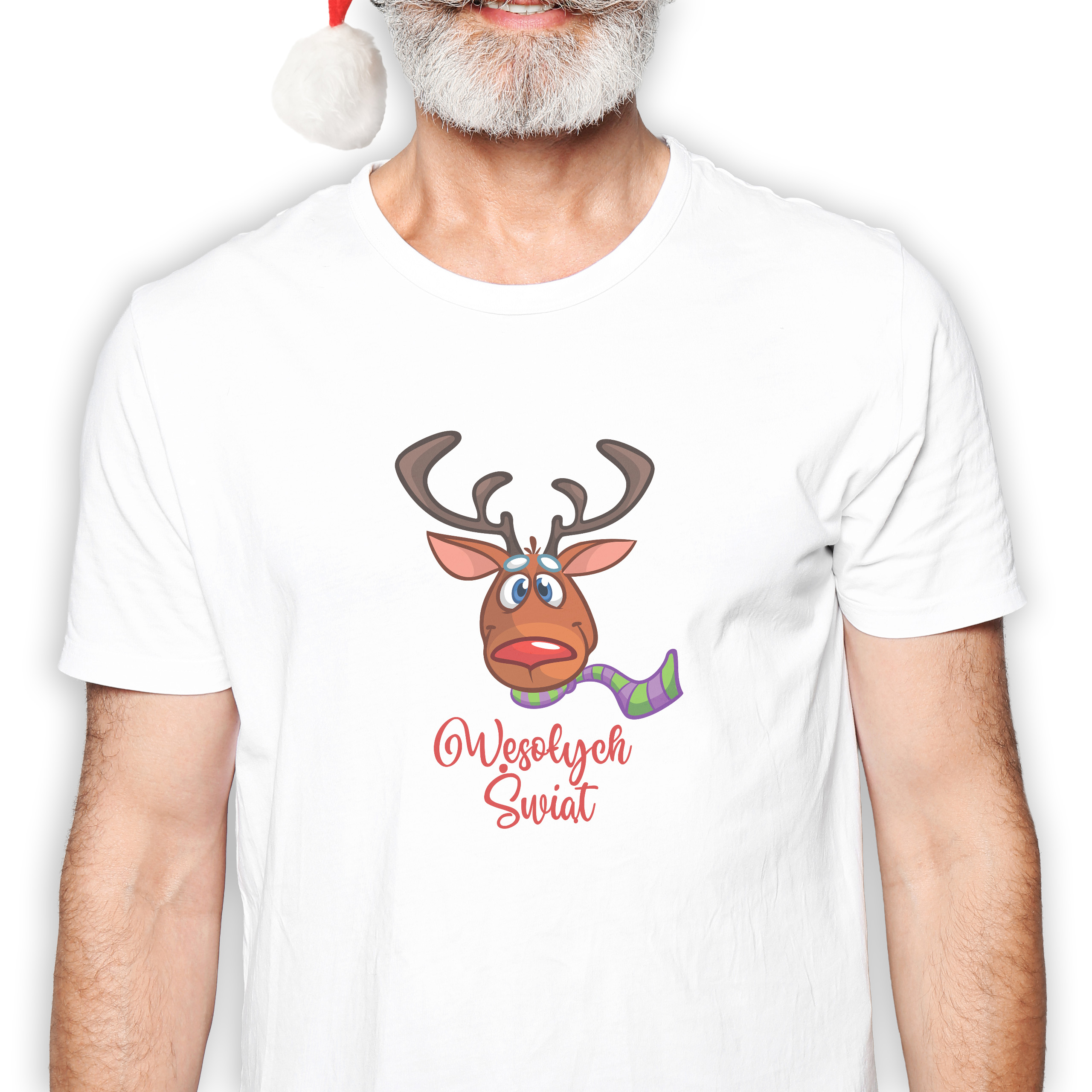 Koszulka męska biała święta ""Wesołych świąt"" renifer