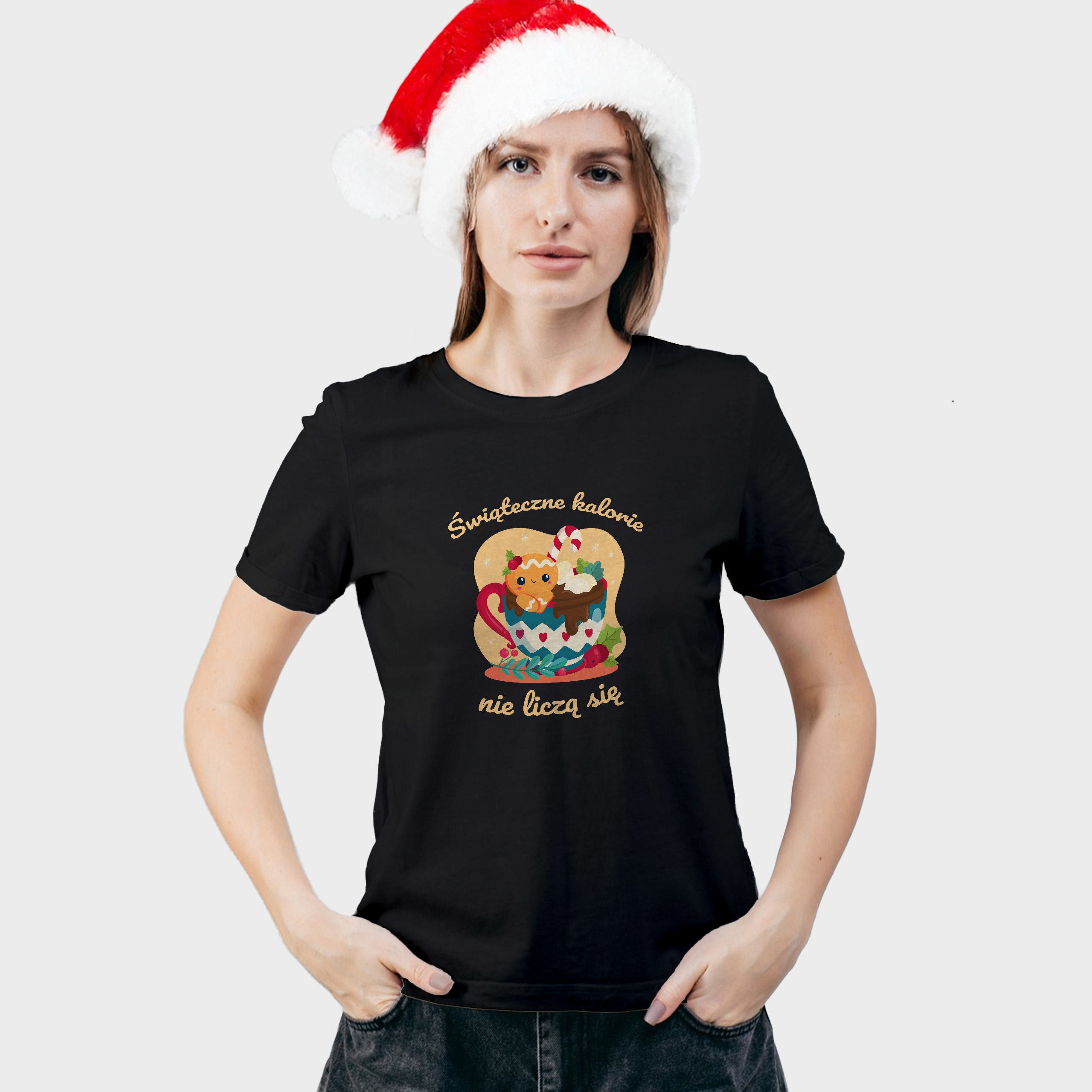 Koszulka damska czarna święta "Świąteczne kalorie nie liczą się" - obrazek 3