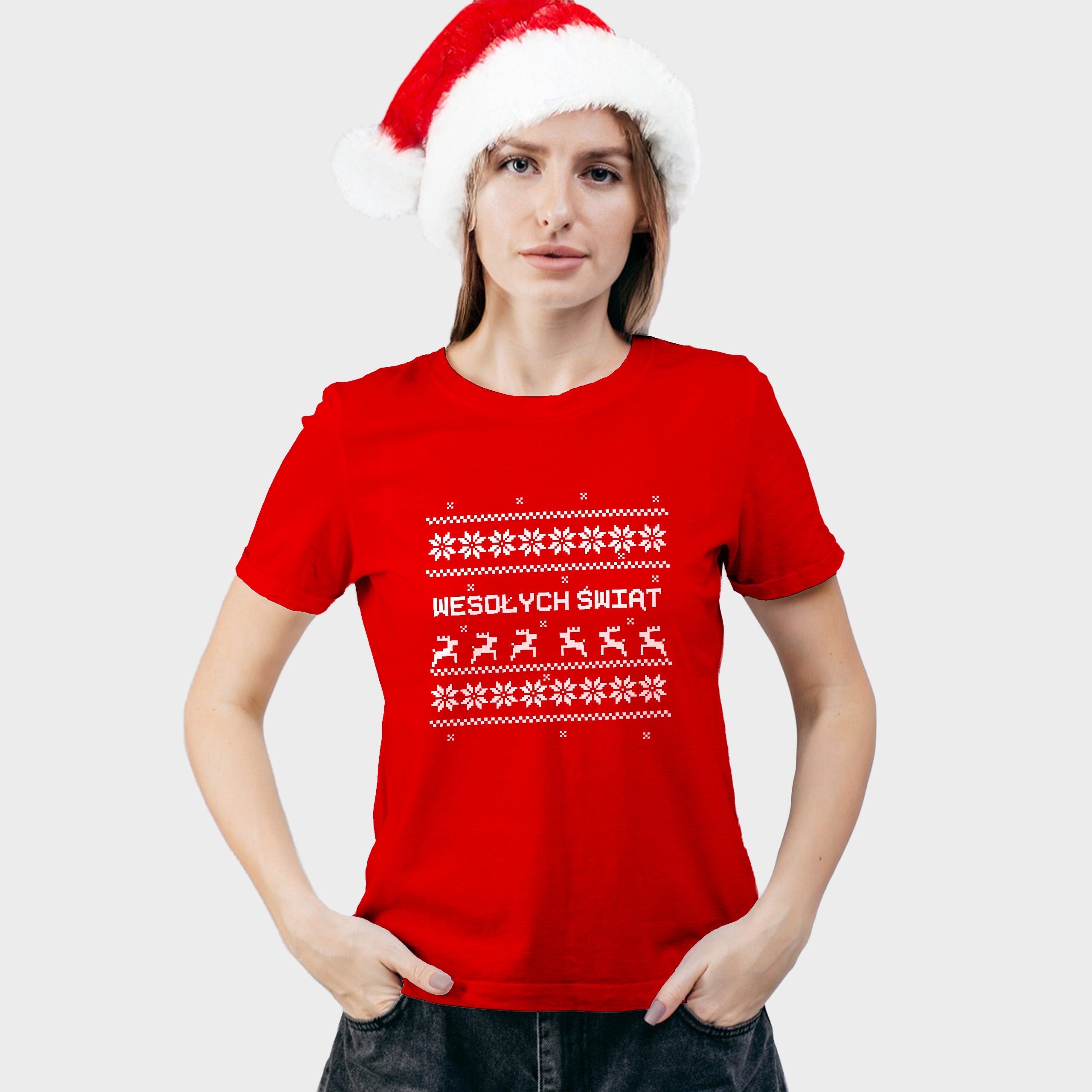 Koszulka damska czerwona święta wzorki geometryczne - obrazek 3