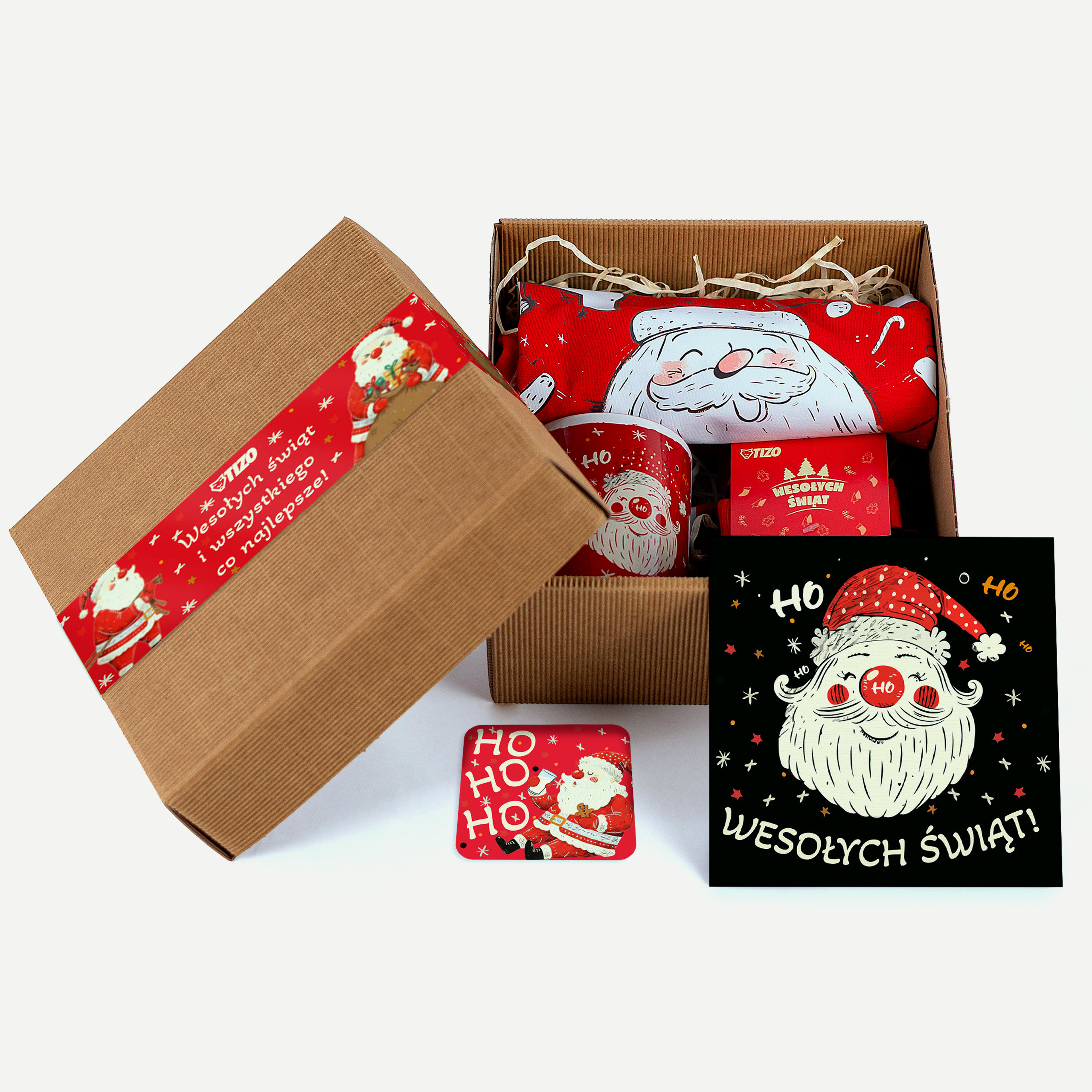 Świąteczny Zestaw BOX Mikołaj Koszulka, Kubek, Kartka, Skarpetki Podstawka