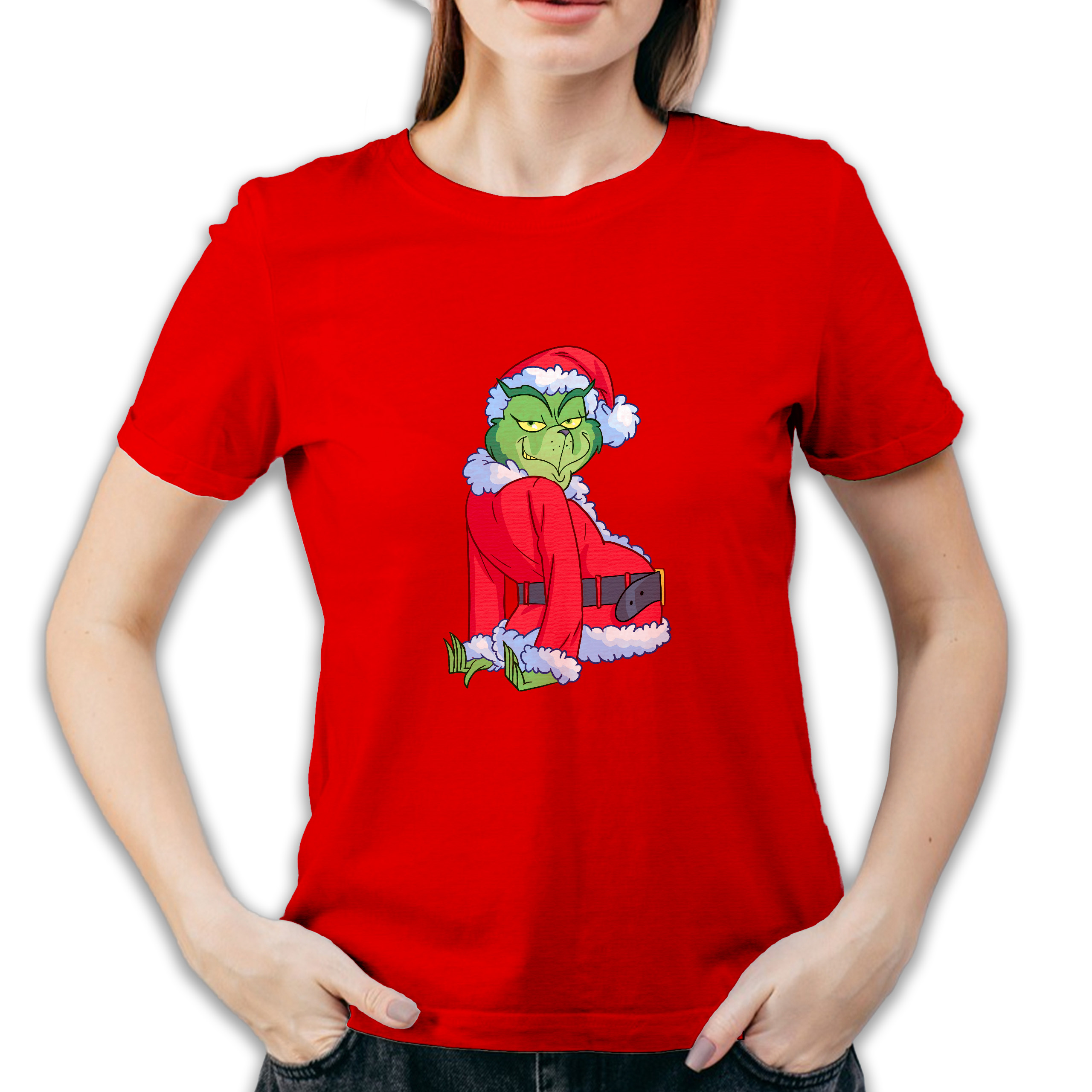 Koszulka kobieta czerwona święta Grinch Bokiem