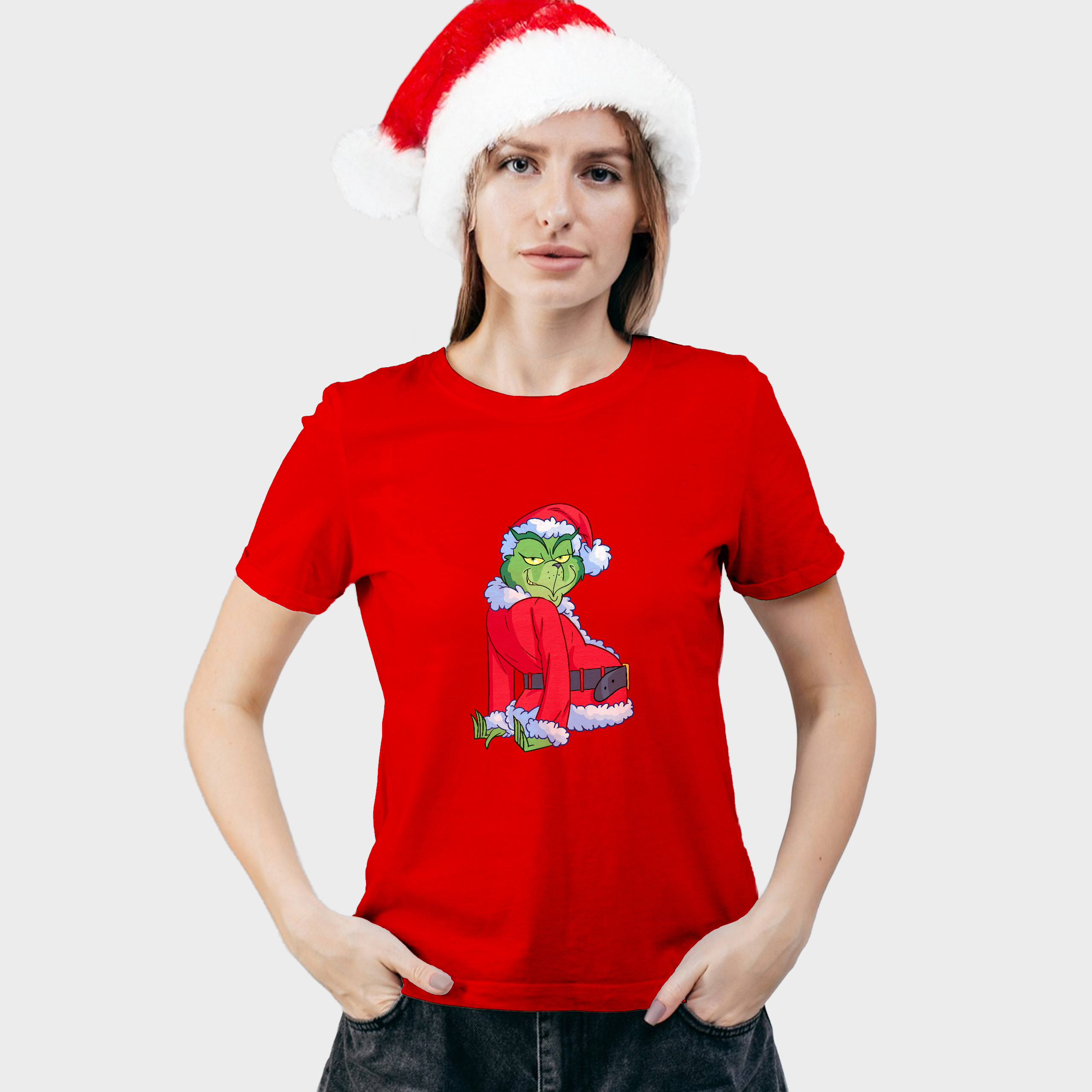 Koszulka kobieta czerwona święta Grinch Bokiem - obrazek 3