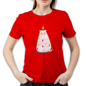 Koszulka damska czerwona święta Kotek choinka