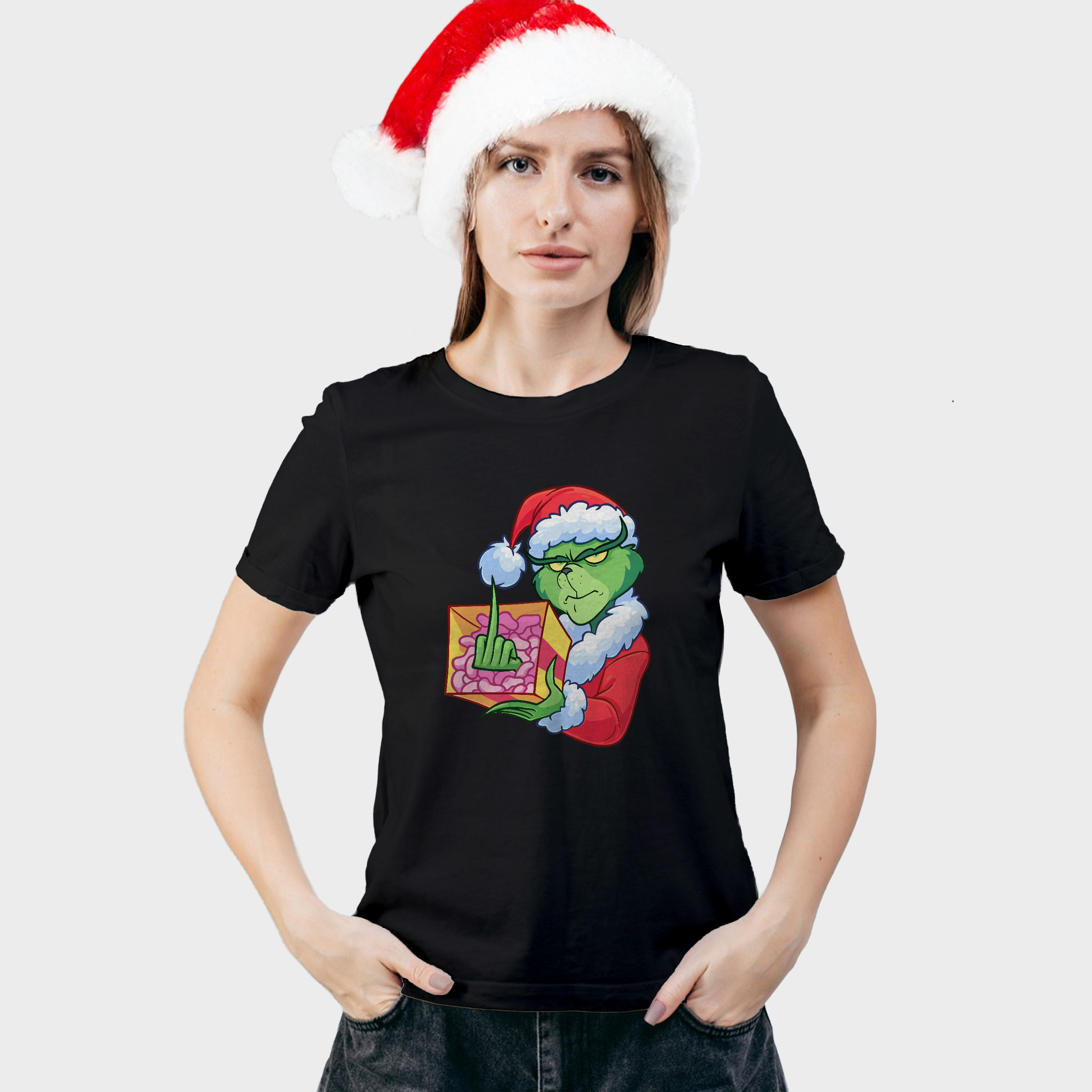 Koszulka damska czarna święta Grinch z palcem - obrazek 3