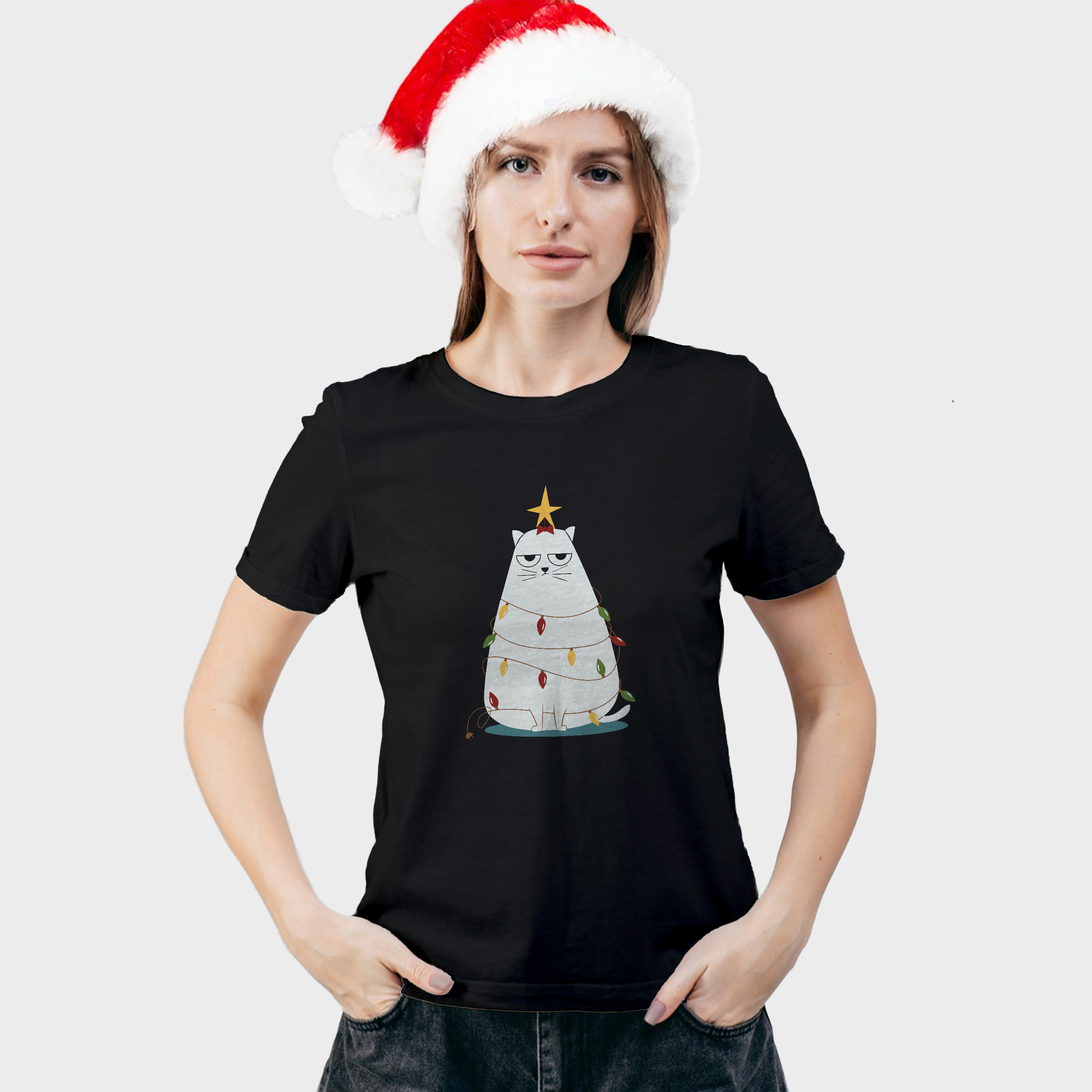 Koszulka damska czarna święta Kotek choinka - obrazek 3