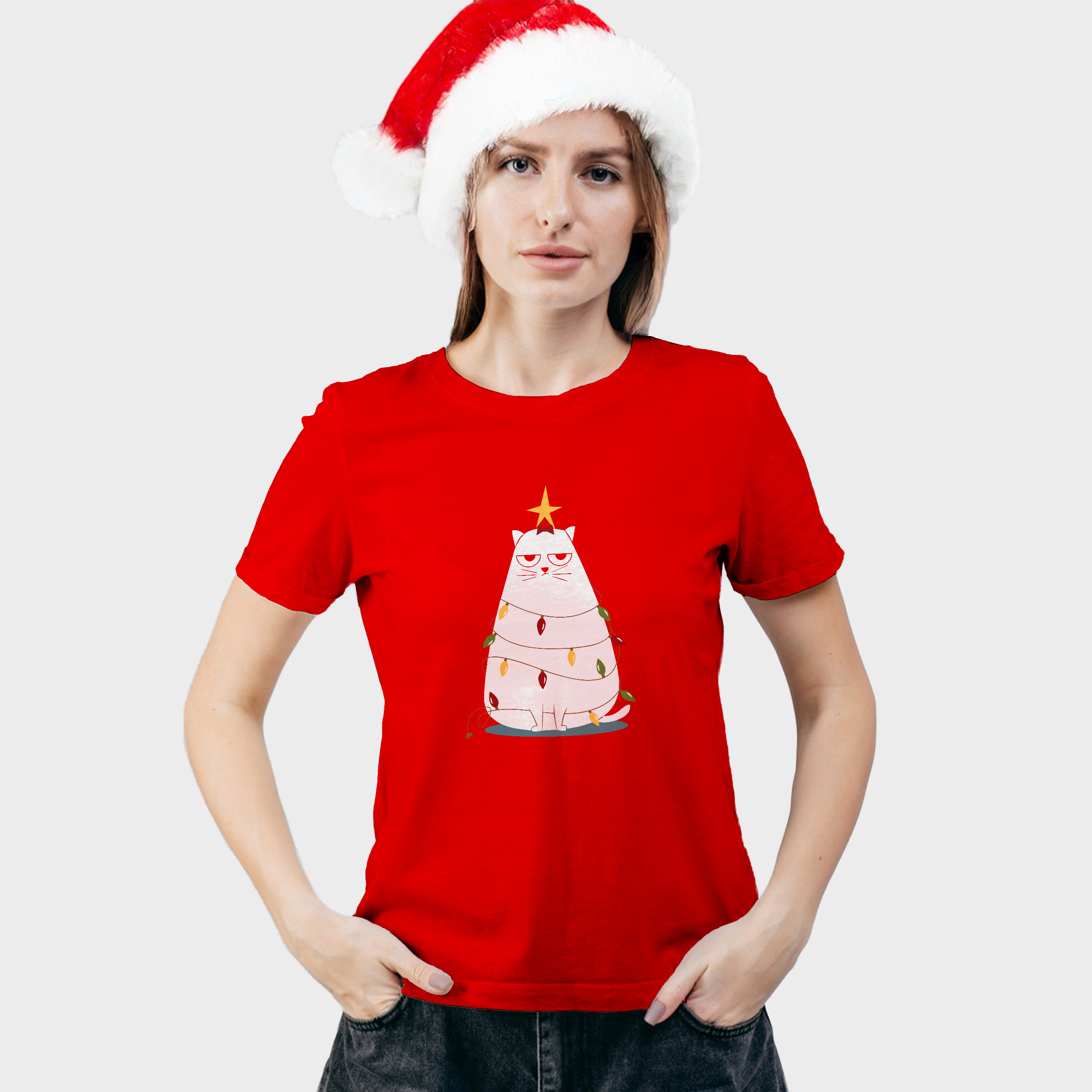Koszulka damska czerwona święta Kotek choinka - obrazek 3