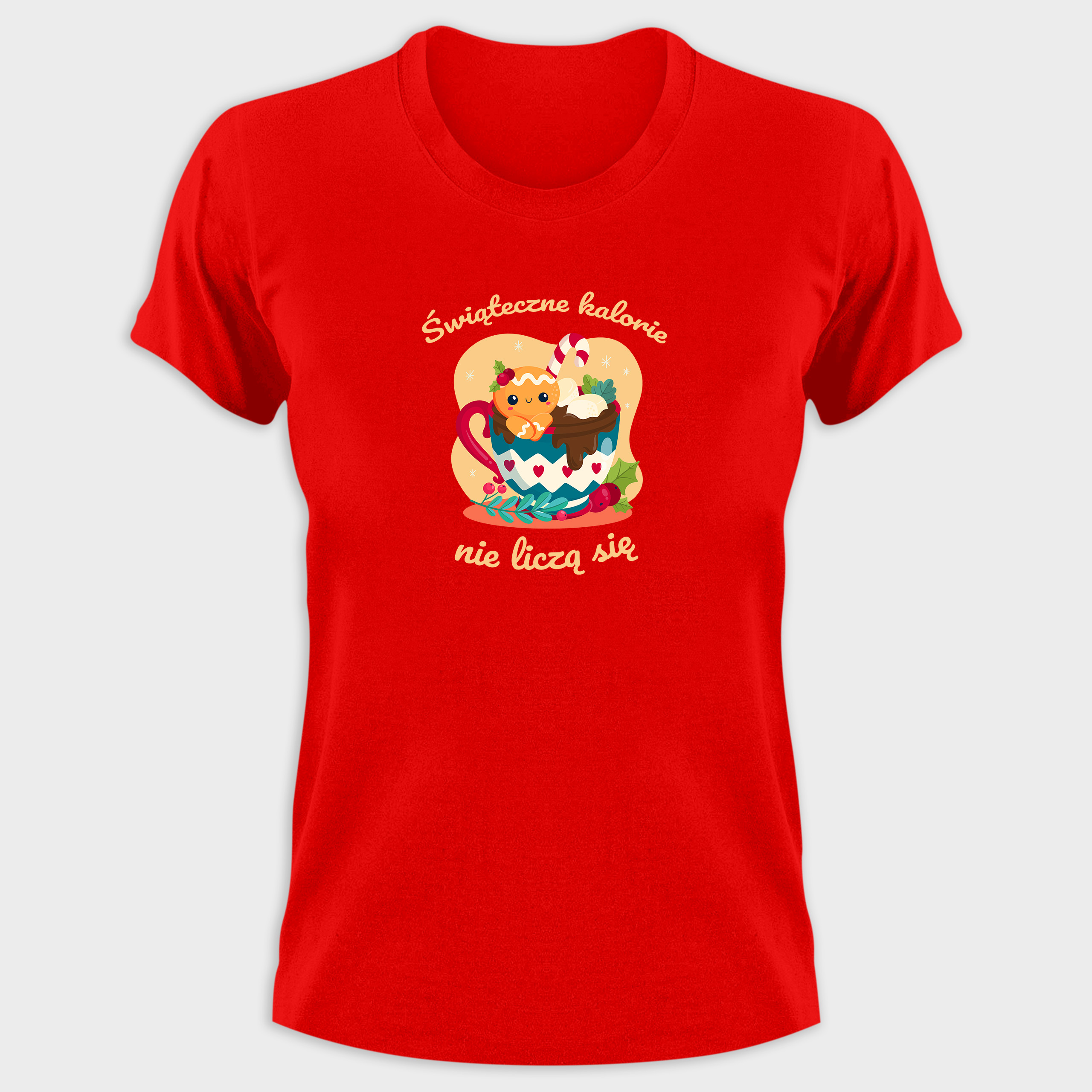 Koszulka damska czerwona święta "Świąteczne kalorie nie liczą się" - obrazek 2