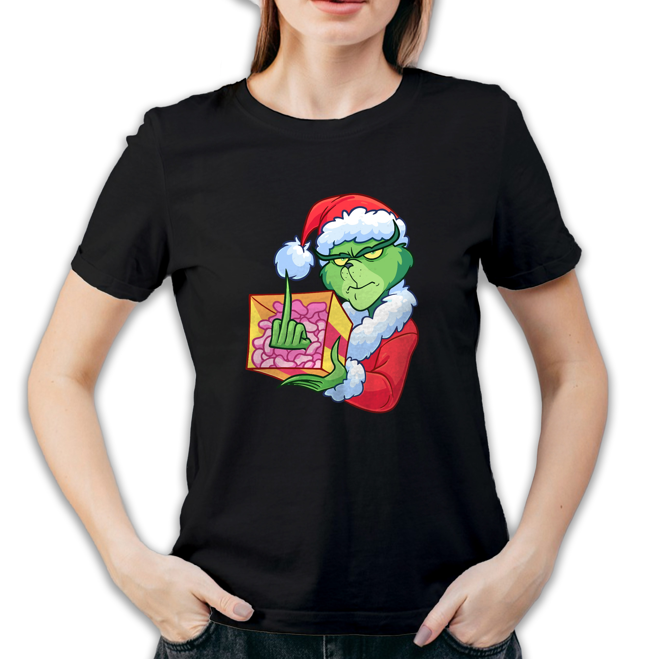 Koszulka damska czarna święta Grinch z palcem