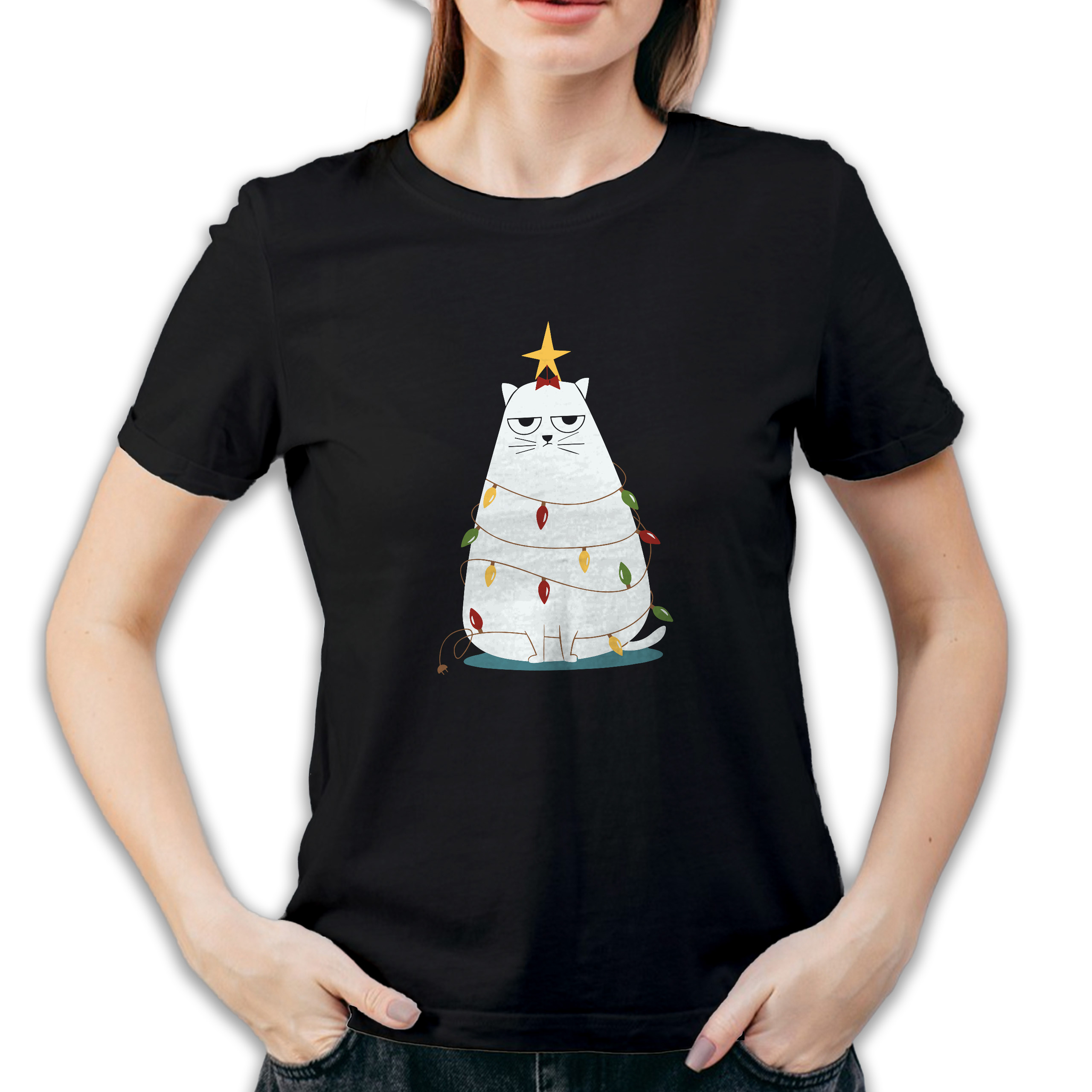 Koszulka damska czarna święta Kotek choinka
