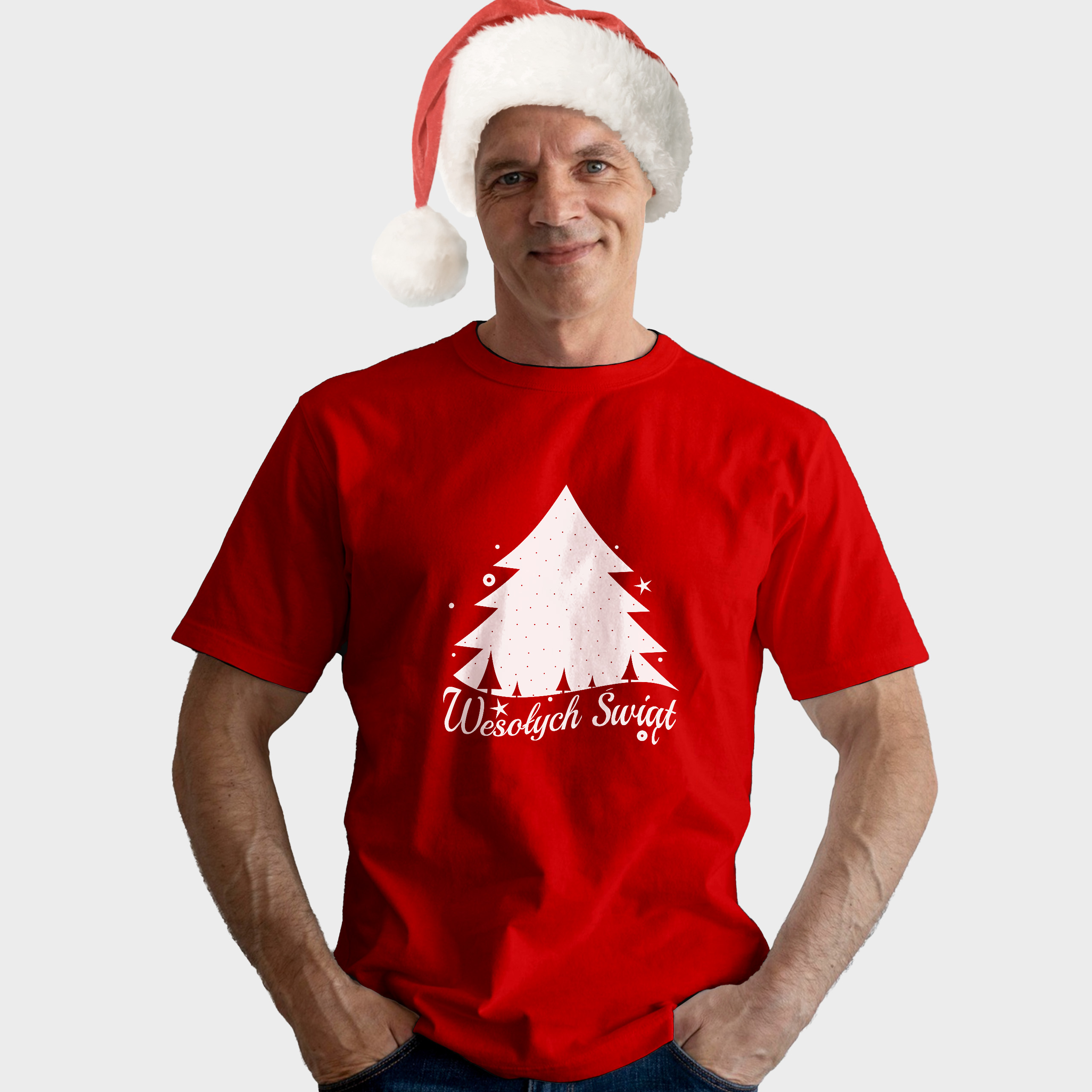 Koszulka męska czerwona święta "Wesołych świąt" choinka - obrazek 3