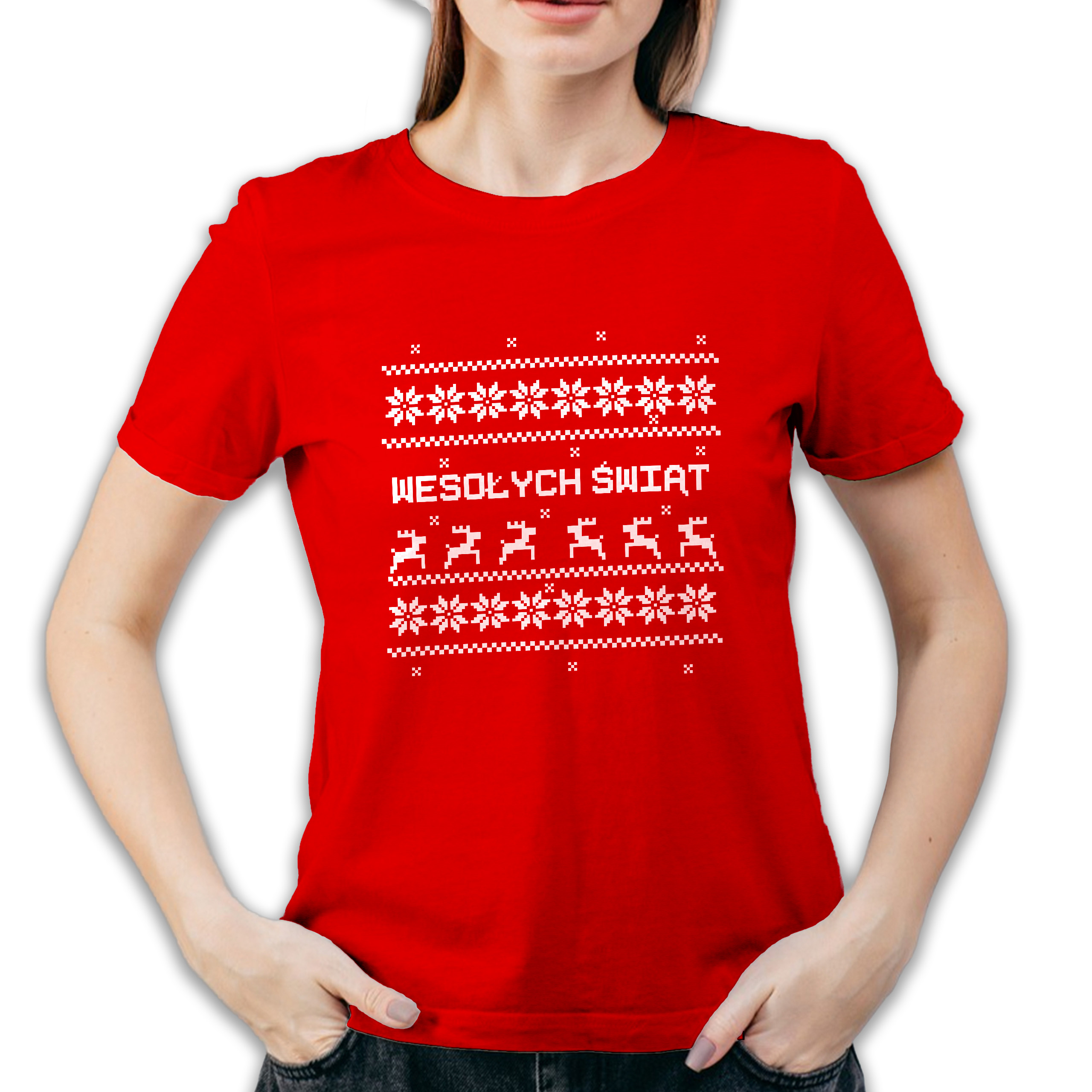 Koszulka damska czerwona święta wzorki geometryczne