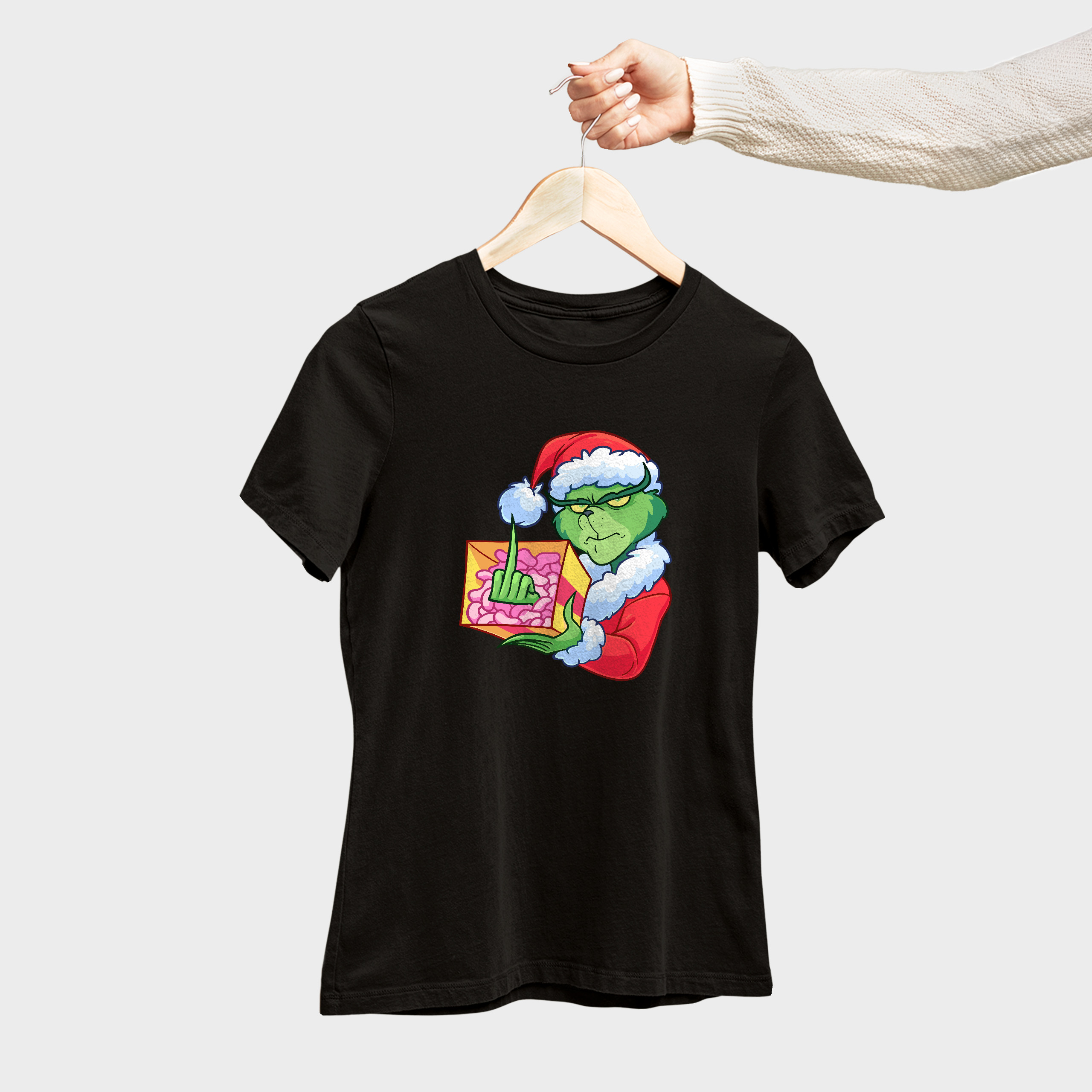 Koszulka damska czarna święta Grinch z palcem - obrazek 4
