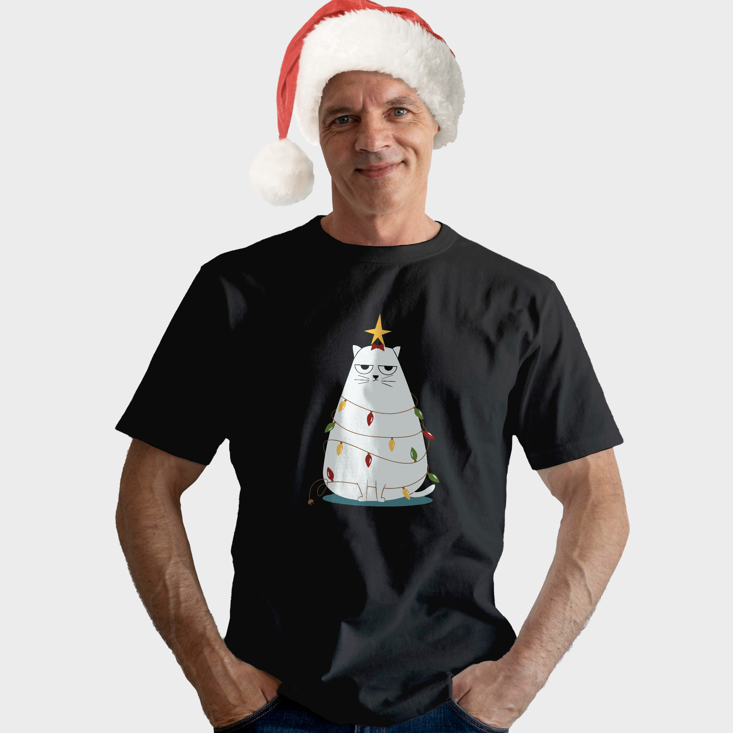 Koszulka męska czarna święta Kotek w lampce - obrazek 3