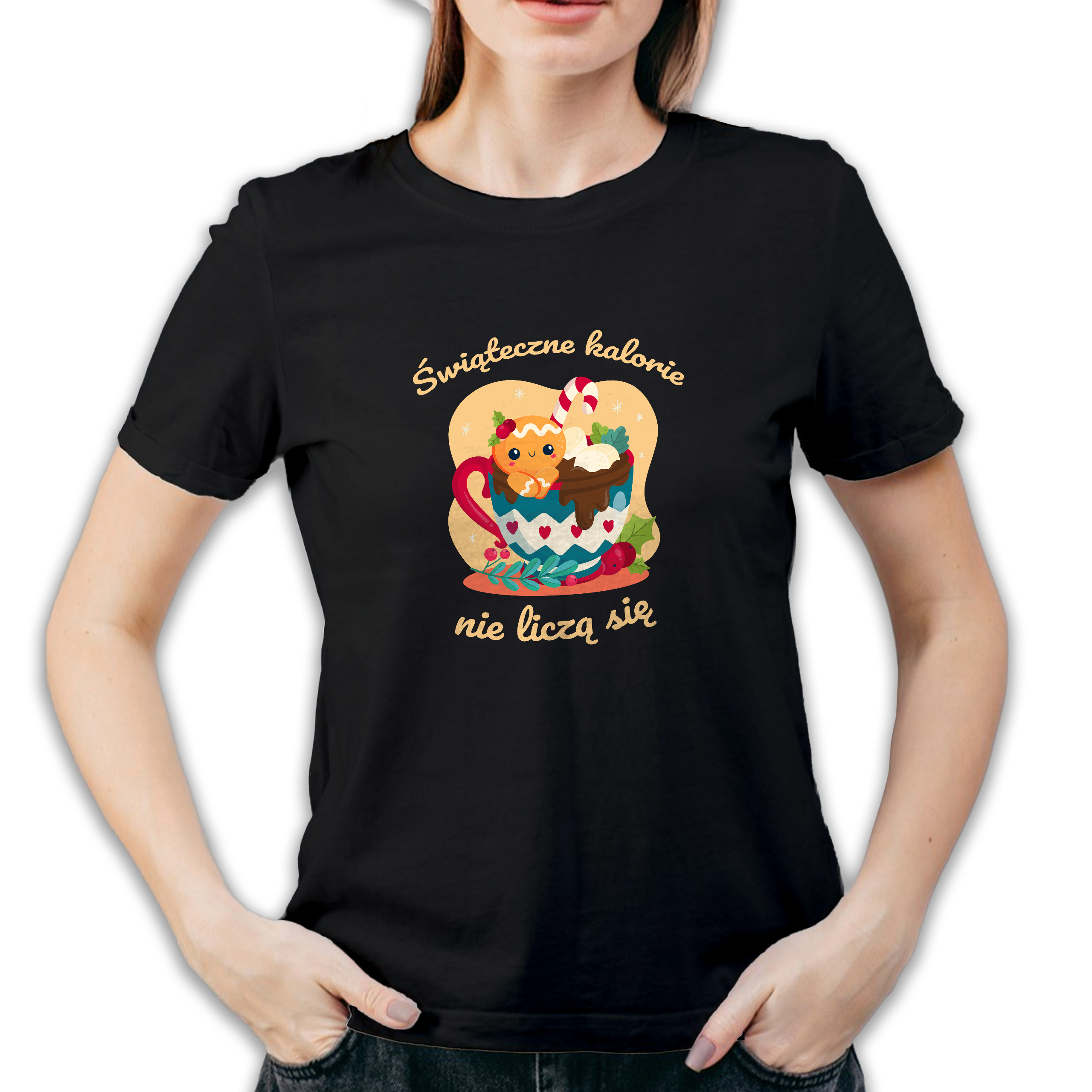 Koszulka damska czarna święta "Świąteczne kalorie nie liczą się"