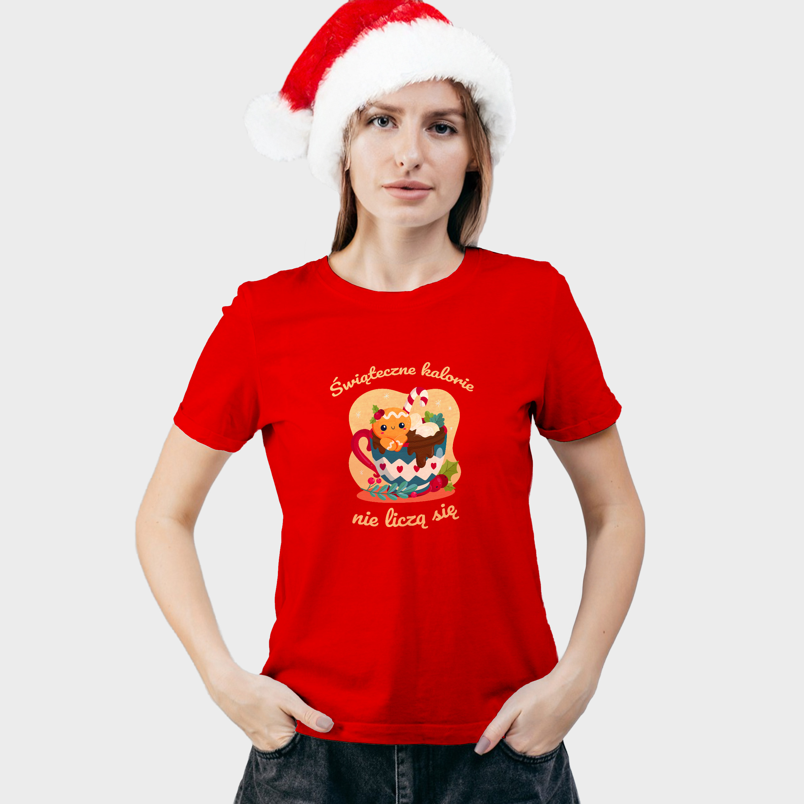 Koszulka damska czerwona święta "Świąteczne kalorie nie liczą się" - obrazek 3