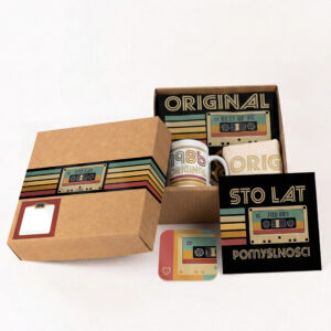 Urodzinowy Zestaw BOX Kaseta Koszulka, Kubek, Kartka, Torba, Podstawka