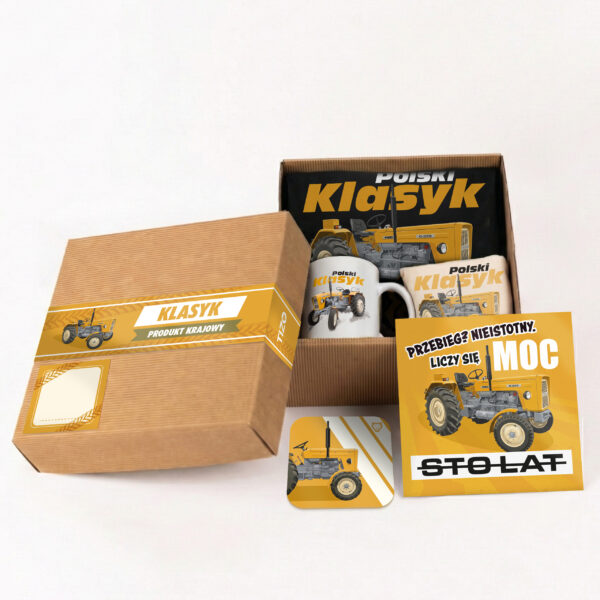 Urodzinowy Zestaw BOX Ciągnik Koszulka, Kubek, Kartka, Torba, Podstawka